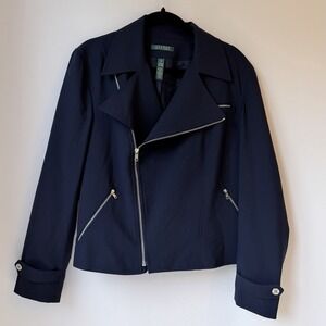 Lauren Ralph Lauren Women's Wool Blend Moto Jacket Blazer 16 Navy Career Office